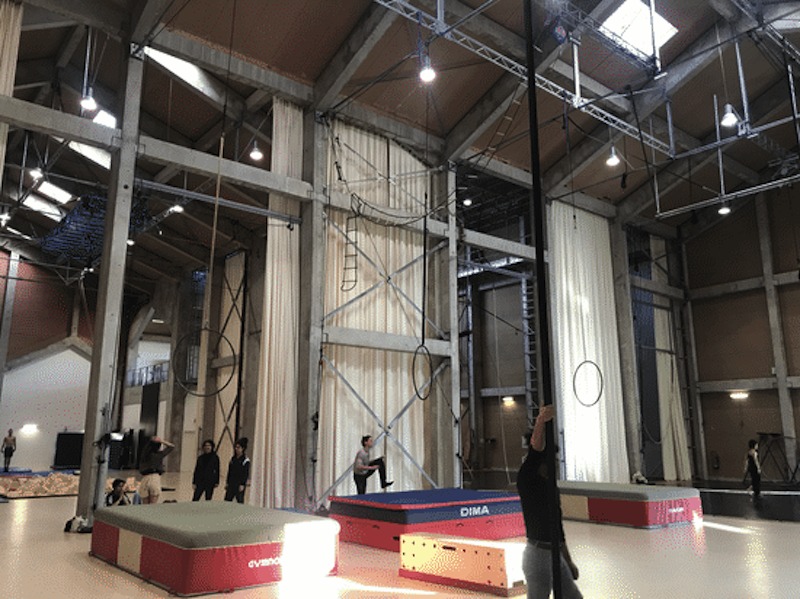 A training room with aerial silks hanging.