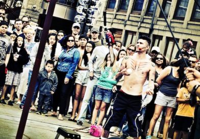 A street performer wows crowds by juggling