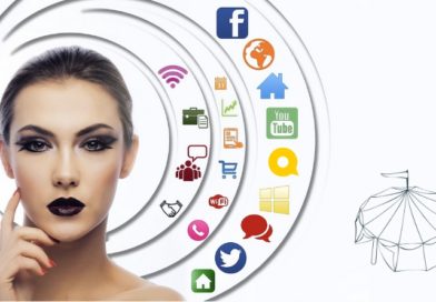 A circus artist in bold stage makeup surrounded by a cloud of social media icons