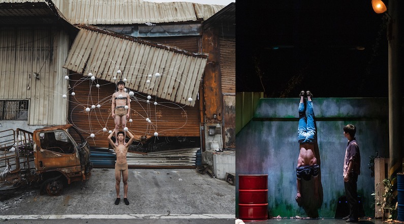 On the left circus performers perform a two high, on the right, a hand stand