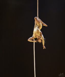 Against a black background, an aerialist in a gold body suit performs on aerial rope. She is upside down, legs bent, reaching toward the floor.