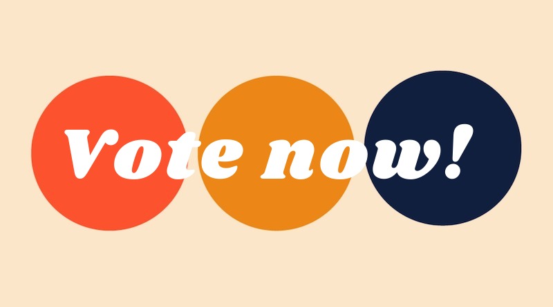 An orange, yellow, and blue graphic urges readers: vote now!