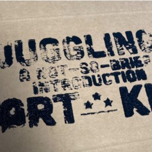 Black ink stamp on cardboard; first attempt at a label for the Juggling: A Not-So-Distant Introduction art kits