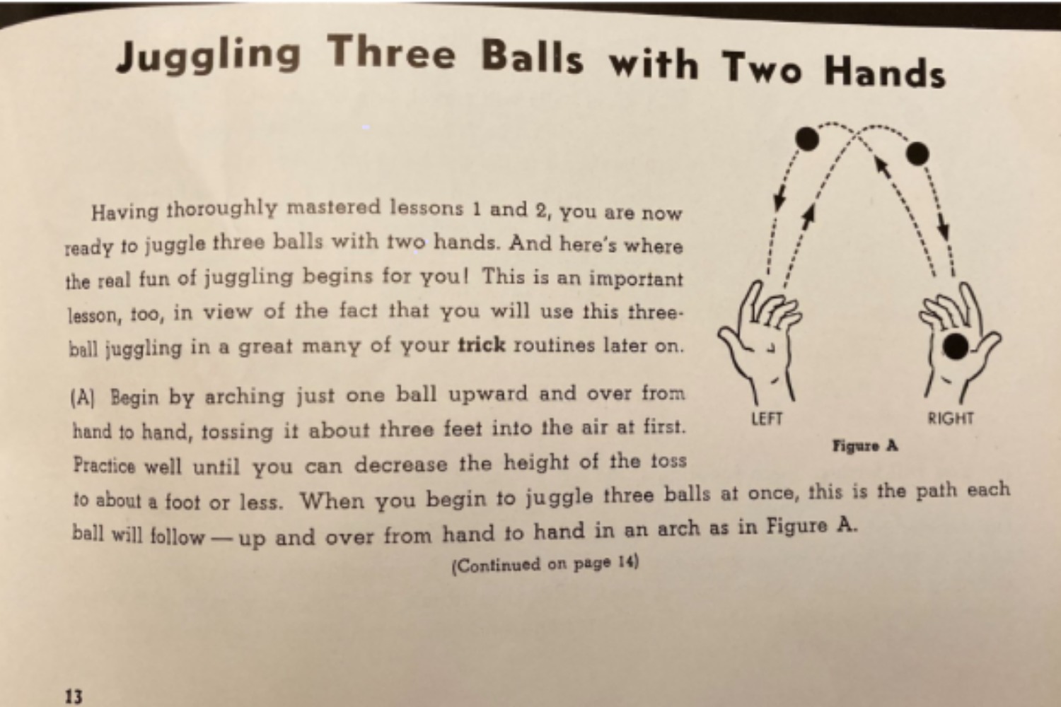 A diagram showing how to juggle three balls (from Harry Moll juggling kit, 1949)