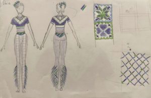 color sketch of a female circus costume, designed by Duo Rose 