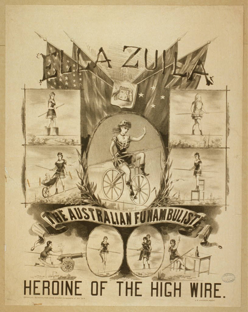 Women in Circus History: Ella Zuila, Australian funambulist, on vintage poster