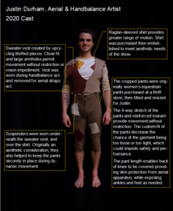 A performer stands in a patchwork costume. Written detailed descriptions surround the image explaining the costume creation.