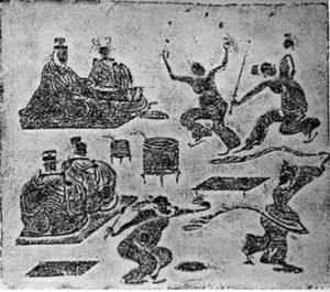 Nòng Wán, an ancient Chinese form of juggling, shown in an ink painting of acrobatic tricks