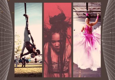BIPOC American circus performers. From left to right, movement artist Cuream Jackson, pole dance artist Jacqui Ray, and hair hang artist Stephanie Little Thunder Morphet-Tepp