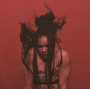Jacqui Ray, BIPOC American circus artist, against a red performance backdrop, looking down. Jacqui has long, dark dreadlocks styled in a partial bun.