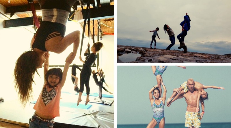 Circus artists Ginger Ana Griep-Ruiz, Holly Treddenick, and Gasya in photos with their children