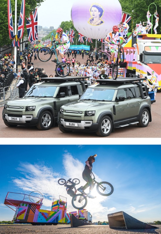 At the Queen's Platinum Jubilee, Cirque Bijou BMX bikers perform tricks off of ramps and on top of two grey season