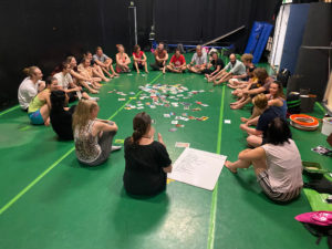 attendees of the 2022 NICE (Network of International Circus Exchange) meeting seated in a circle on green circus studio floor. These attendees, largely composed of European women, wear athletic attire suitable for circus exercises