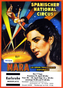Miss Mara, Spanish trapeze artist/trapecista, shown on a 1960s Spanischer National Circus circus poster