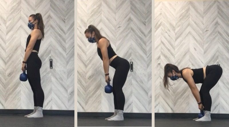 female trainer demonstrates proper deadlifting technique in three steps