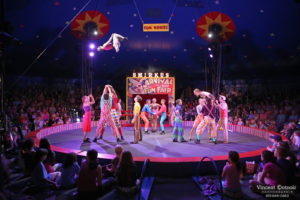 a circus ring with a full audience. an acrobat flies through the air. other performers are posed ready to catch them.