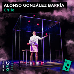 Chilean performer Alonso Gonzalez Barria juggles red balls in front of a cube-shaped apparatus