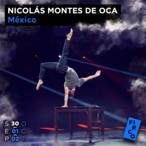 Nicolas Montes de Oca, Mexican circus performer, does a one-handed handstand on a table