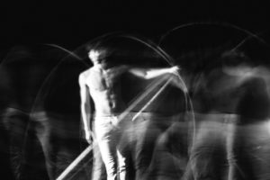 Blurred shot of Taiwanese circus/Cyr wheel artist Chao Wei Chen mid-performance 