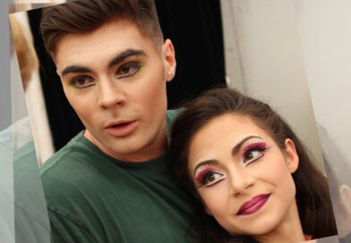 French acrobat and Tapis Rouge podcast host Guilhem Cauchois appears in stage makeup with his wife, Elizabeth