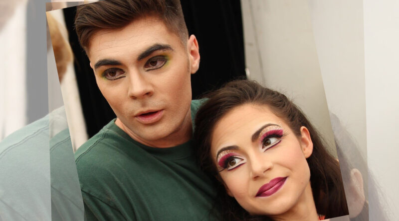 French acrobat and Tapis Rouge podcast host Guilhem Cauchois appears in stage makeup with his wife, Elizabeth
