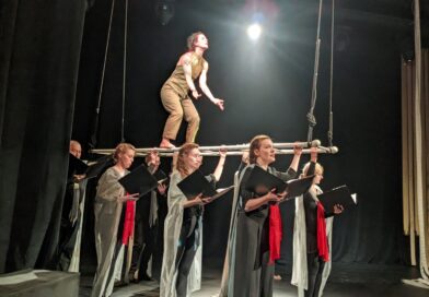 In the Fire by Femmes du Feu Creations at the Bank Art House of Welland. The eight member choir Opus 8 carries aerialist Holly Treddenick on a latter