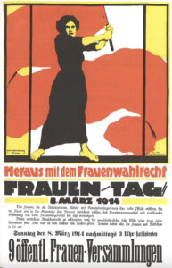 An image of a woman in a long black dress waves a long red flag. Underneath in Germany, text describes how this poster is in support of the women's suffrage movement.