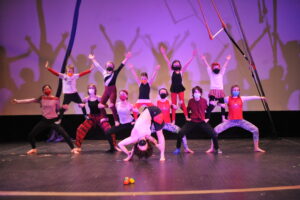 Youth Troupe performers train onstage at the New England Center for the Circus Arts. 