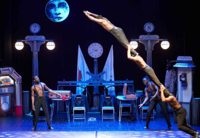 The Black Blues Brothers circus show features five young Kenyan male acrobats performing stunts on a Cotton Club-inspired stage