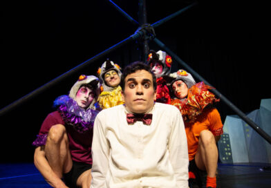 Five circus artists from UK company Brainfools in costume for their show Lucky Pigeons