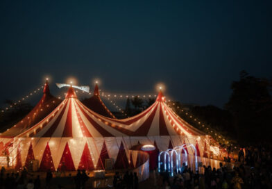 A classic circus tent at night. This tent was pitched in Tainan City's Shueijiaoshe Cultural Park for the first FOCASA Circus Art Festival in winter 2023.