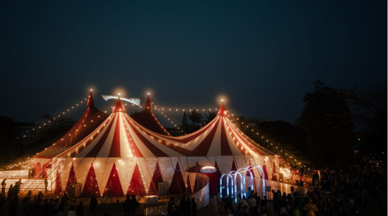 A classic circus tent at night. This tent was pitched in Tainan City's Shueijiaoshe Cultural Park for the first FOCASA Circus Art Festival in winter 2023.